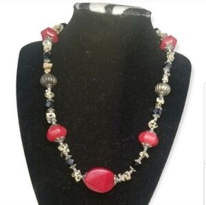 DALMATION JASPER, BLACK ONYX & RED AGATE STONE ORNATE VINTAGE NECKLACE